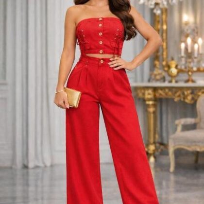 SET ROJO BLUSA CON AGUJETAS, ABORONADA