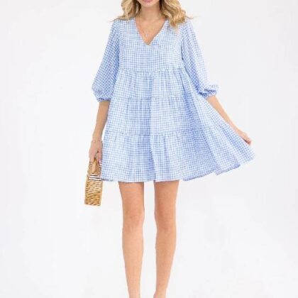 VESTIDO CUADRICULADO MNG 3/4, HOLGADO
