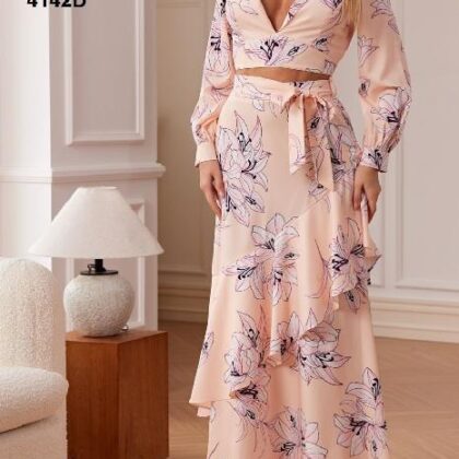 SET DURAZNO FLORAL ROSA, FALDA ASIMETRICA