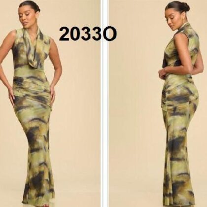 VESTIDO OLIVO DEGRADADO NEGRO, ESCOTE COLUMPIO