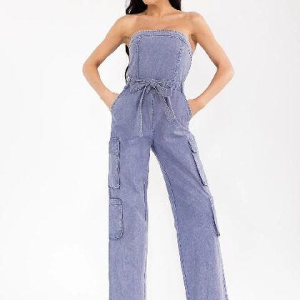 PALAZZO DE MEZCLILLA TIPO CARGO, STRAPLE