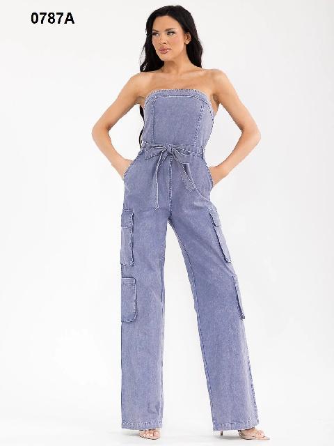 PALAZZO DE MEZCLILLA TIPO CARGO, STRAPLE