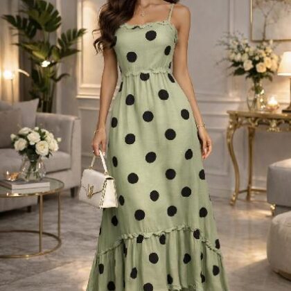 VESTIDO OLIVO CIRCULOS NEGROS, TIRANTES