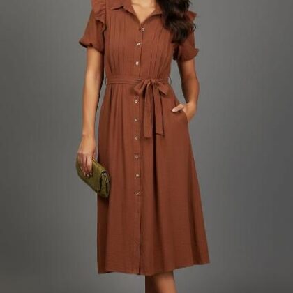 VESTIDO PECHO TABLEADO, OLAN EN MNG