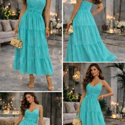 VESTIDO AQUA CINTURA PLIZADA, TIRANTE TRENZADO