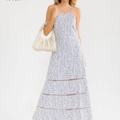 VESTIDO FLOREADO CON ENCAJE, ESPALDA CRUZADA