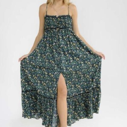 VESTIDO FLOTAL AZUL/AMARILLO, ABOTONADO