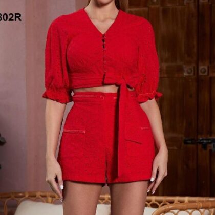 SET ROJO DE ENCAJE, BOLSAS EN SHORT