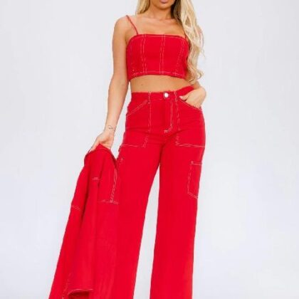 SET ROJO DENIM COSTURAS BLANCAS