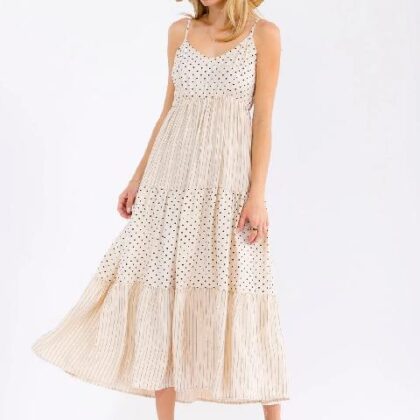 VESTIDO CREMA RAYADO Y BOLEADO NEGRO
