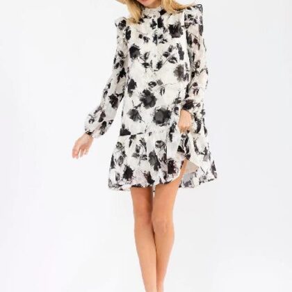 VESTIDO HUESO ESTAMPADO NEGRO, MNG LARGA