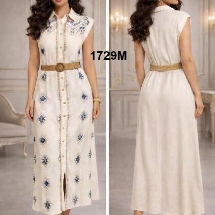 VESTIDO MARFIL BORDADO AZUL/BEIGE, BOTON EN HOMBRO