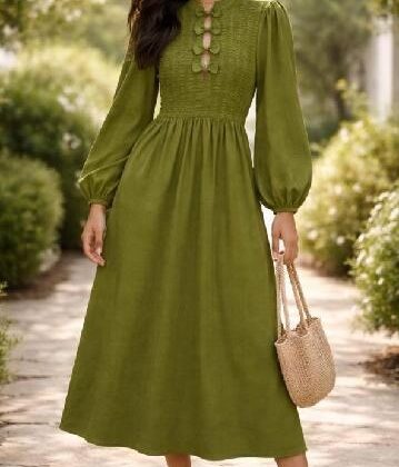 VESTIDO OLIVO RESORTE Y MOÑO EN PECHO