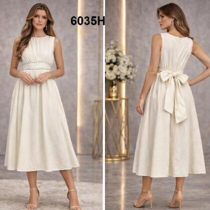 VESTIDO HUESO COSTURAS MARINO, MOÑO EN ESPALDA