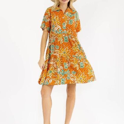 VESTIDO NARANJA FLORAL VERDE