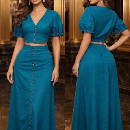 SET ABOTONADO, BLUSA CORTA MNG GLOBO