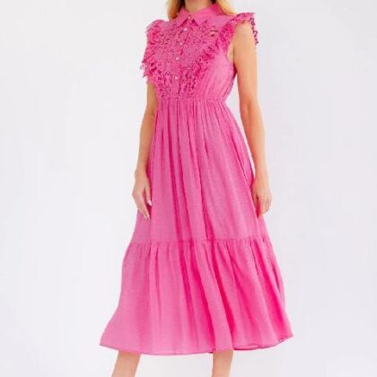 VESTIDO BRILLOSO, ENCAJE EN PECHO