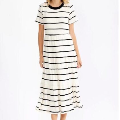 VESTIDO HUESO RAYADO, CUELLO REDONDO