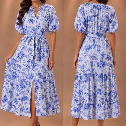 VESTIDO FLORES AZULES, LOZA EN CINURA ´SUGARLIPS´