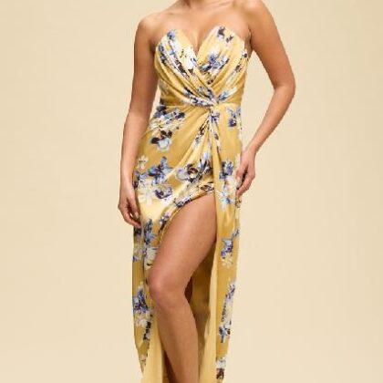 VESTIDO ORO SATINADO STRAPLE, FLORAL AZUL