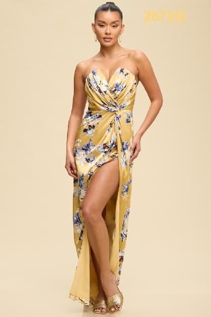 VESTIDO ORO SATINADO STRAPLE, FLORAL AZUL