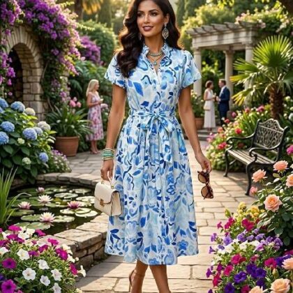 VESTIDO FLORAL AZUL, OLAN EN CUELLO